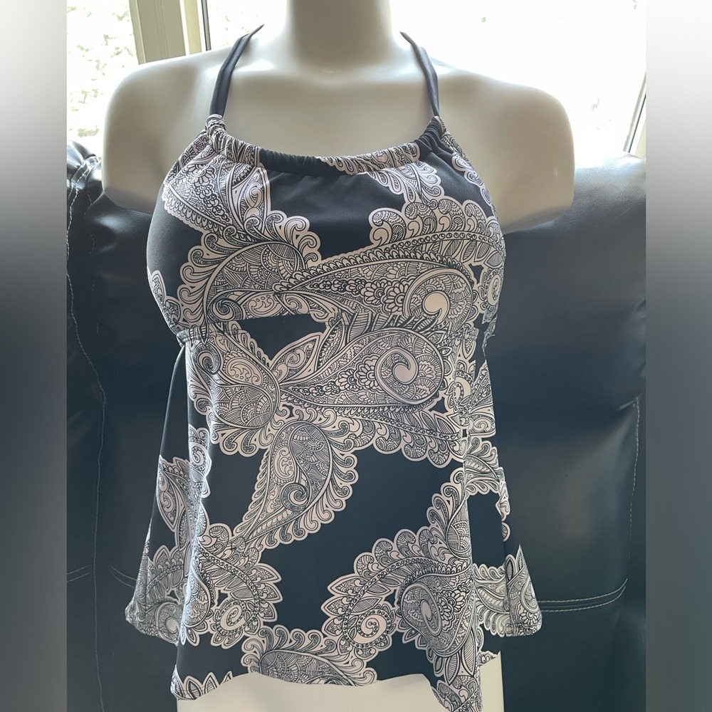 2/$30 Clean Water Swimming Halter Tankini Black and Cream Paisley Top Size Small